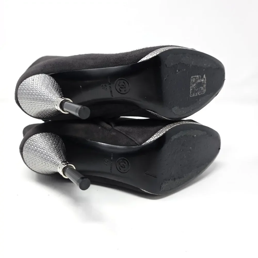 Chanel Suede Ankle Boots CC Logo Cap Toe Grey Black Silver Heels 37 6.5